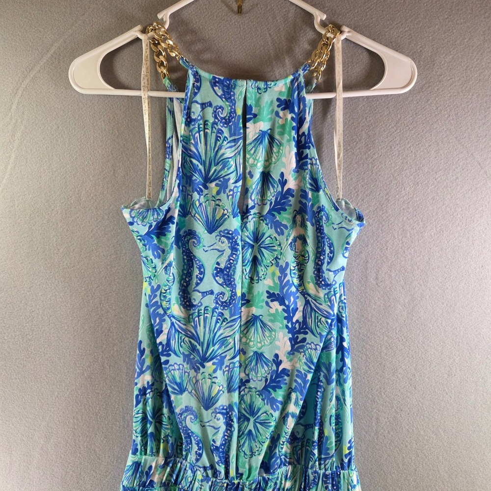 Lilly Pulitzer Keeran Jumpsuit Seeing Double Sea Glass Aqua Gold Chain XS NEW - Picture 6 of 7